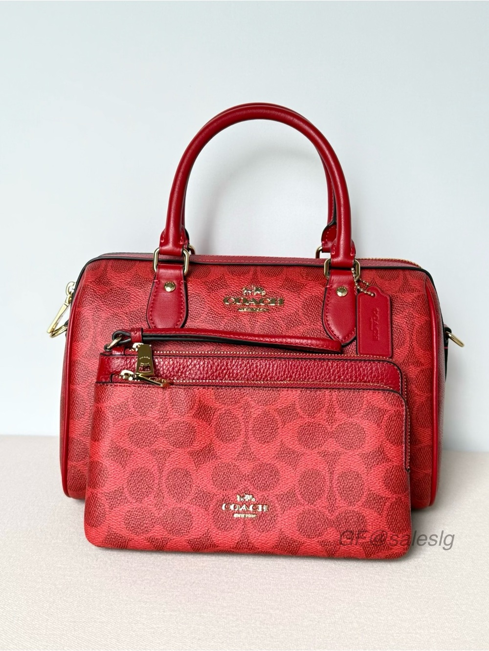 NWT Coach Rowan Satchel Bag & Wristlet Wallet Bundle Set Signature Crimson Red